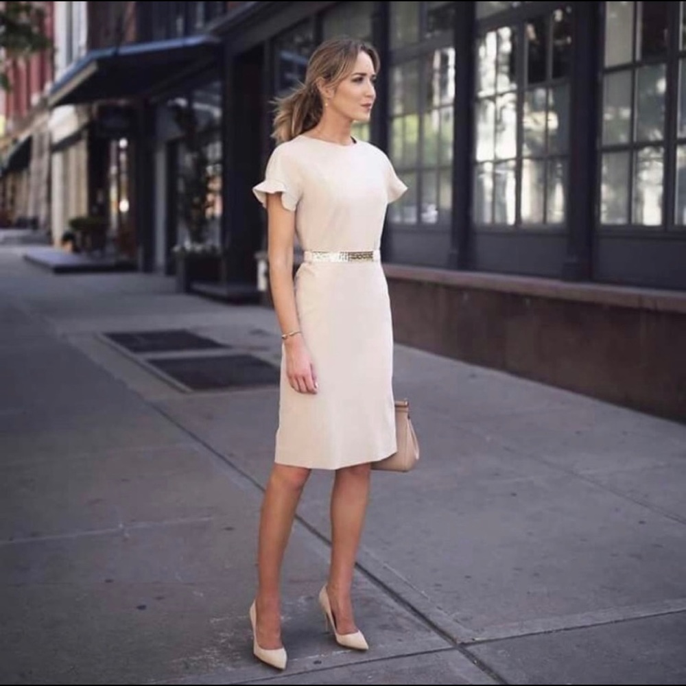 Elegant Cream Shift Dress with Subtle Ruffle Sleeves